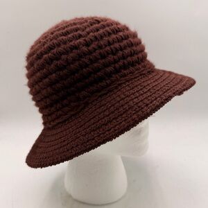 Brown Crocheted Bucket Hat – Textured Knit Brim – 57 cm